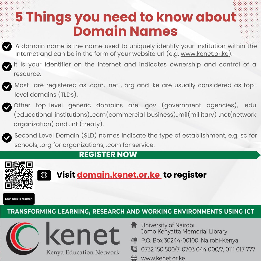 Did you know there are 350.5 million registered domain names with one new domain being registered every 2.61 seconds? Click the link below to register your domain. domain.kenet.or.ke #Domains #Domainregistration #KENET