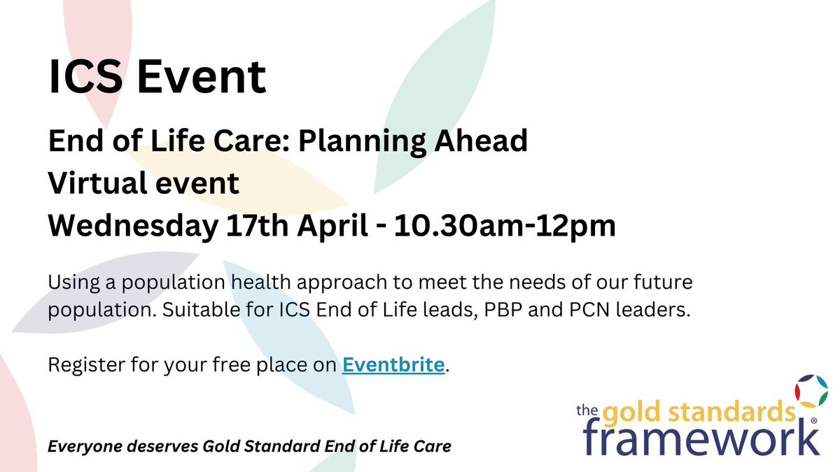 Two Days To Go! Our next event for ICS End of Life Leads, PBP & PCN Leads is taking place virtually on 17th April. You can read more about the event and get your free ticket here: rb.gy/cgzo0e #EndOfLifeCare #PlanningAhead #IntegratedCareSystems