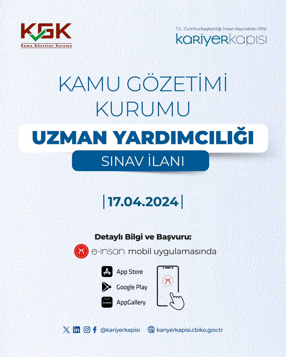 Kamu Gözetimi, Muhasebe ve Denetim Standartları Kurumu Uzman Yardımcılığı giriş sınavı başvuruları için son 2 gün! 👉🏼 Başvuru: onelink.to/e-insan 🗓️ Son Başvuru Tarihi: 17 Nisan 2024 @tccbiko @KamuGozetimi