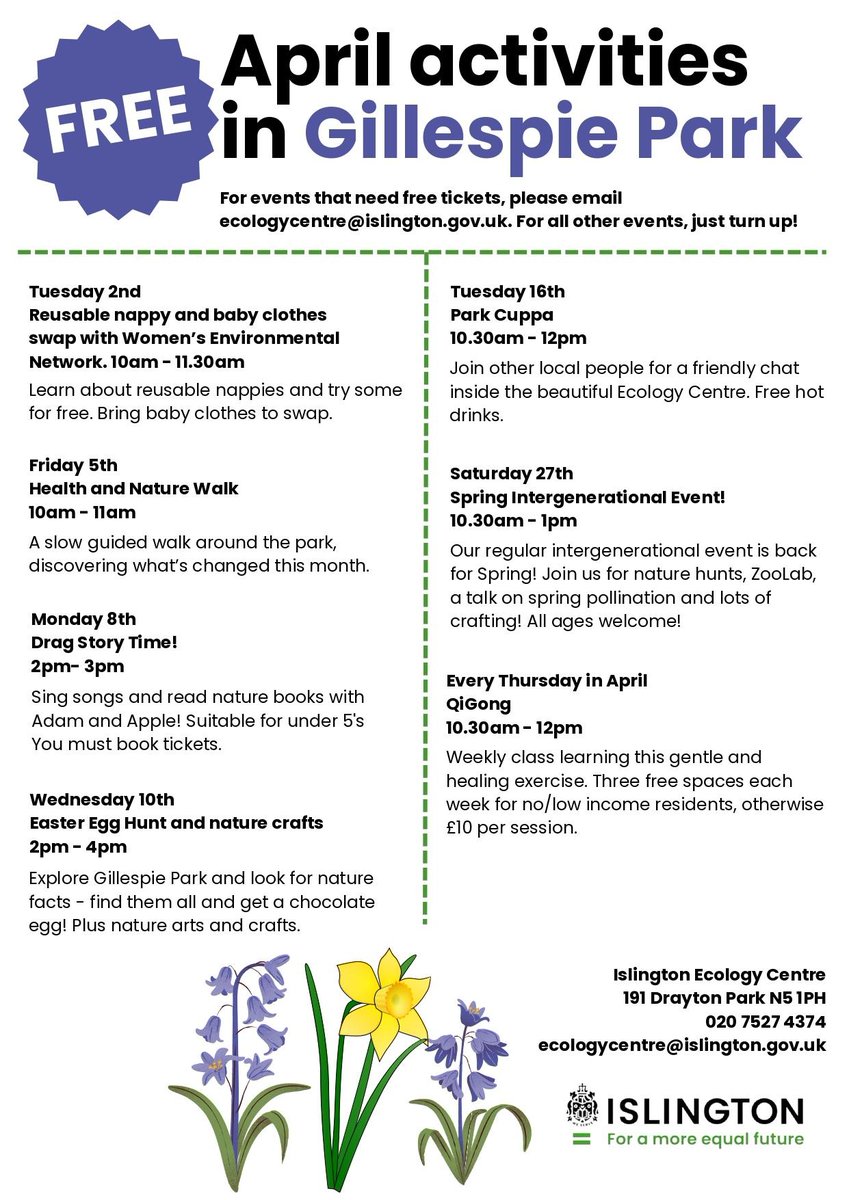 Gillespie Park events in April. For events that need free tickets email ecologycentre@islington.gov.uk. For all other events just turn up!