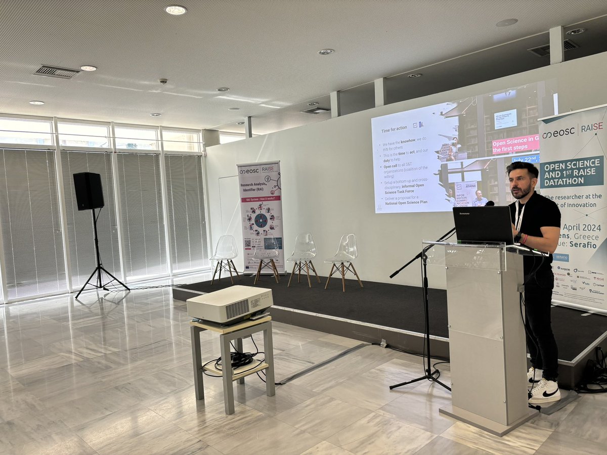 🌐 Next up at @RaiseScience Open Science Event, Nikos Athanasiou from Athena @athenaRICinfo shares insights into its work and the Greek National Plan of Open Science and @eoscassociation initiatives. #HOSI #EUNode #openscienceinitiative
