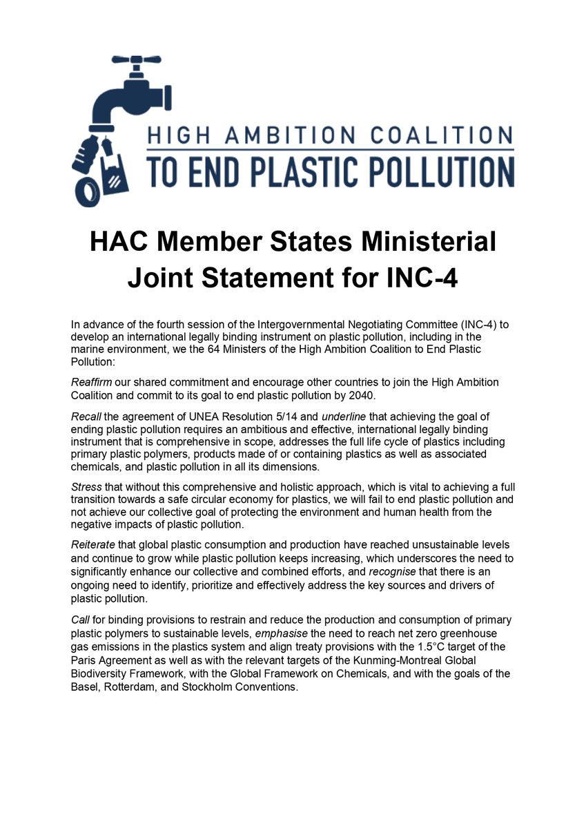 Ministerial Joint Statement for INC-4 from the 64 Ministers of the High Ambition Coalition to End Plastic Pollution. hactoendplasticpollution.org/hac-member-sta…