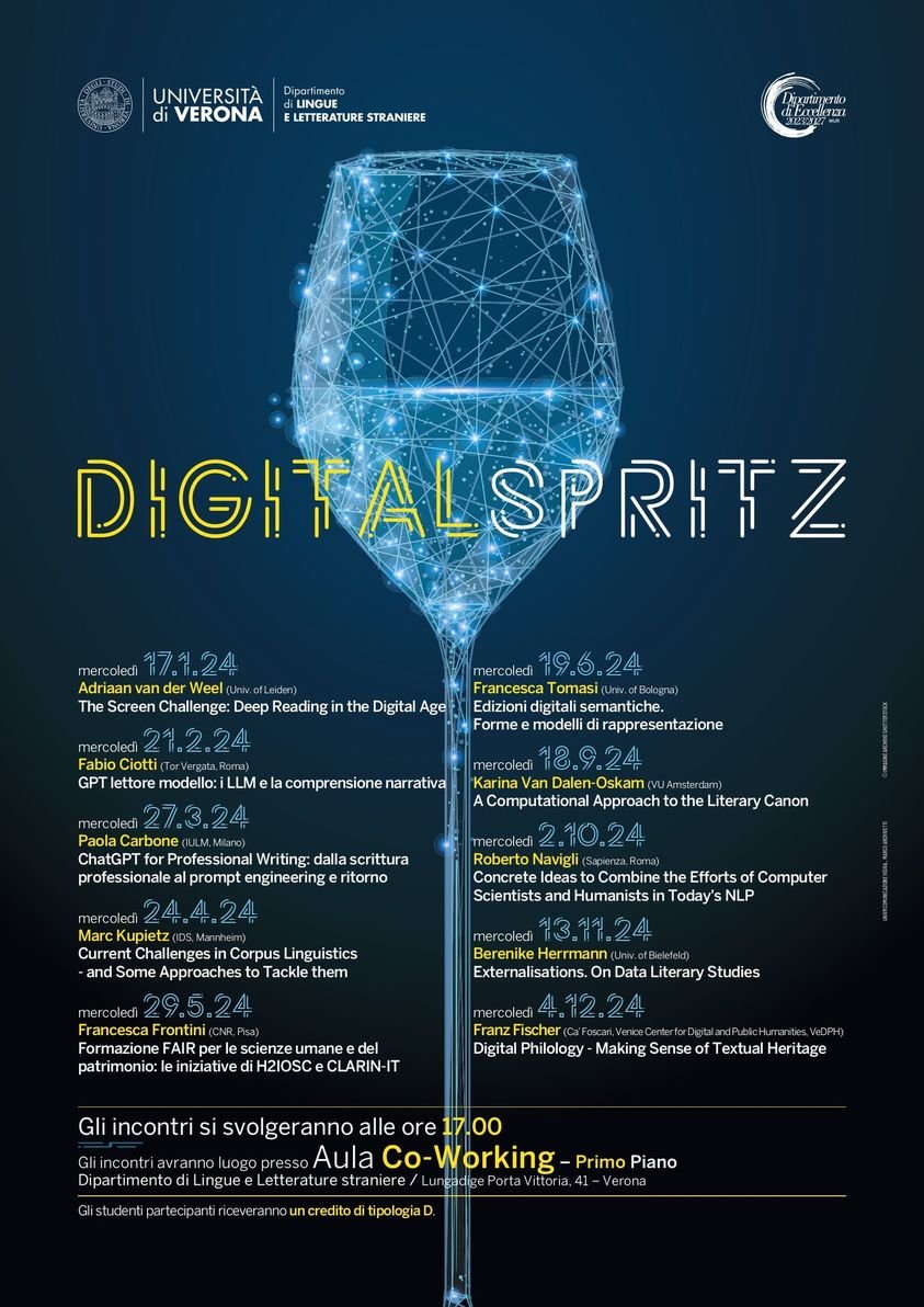 Continuano i #Digital Spritz! Mercoledì 24 aprile sarà ospite Marc Kupietz (<a href="/IDS_Mannheim/">IDS Mannheim</a>) in "Current Challenges in Corpus #Linguistics - and Some Approaches to Tackle them".
Dalle 17 in aula Co-working o su Zoom al link univr.zoom.us/j/98656275099?…
ID: 986 5627 5099
Passcode: 923954