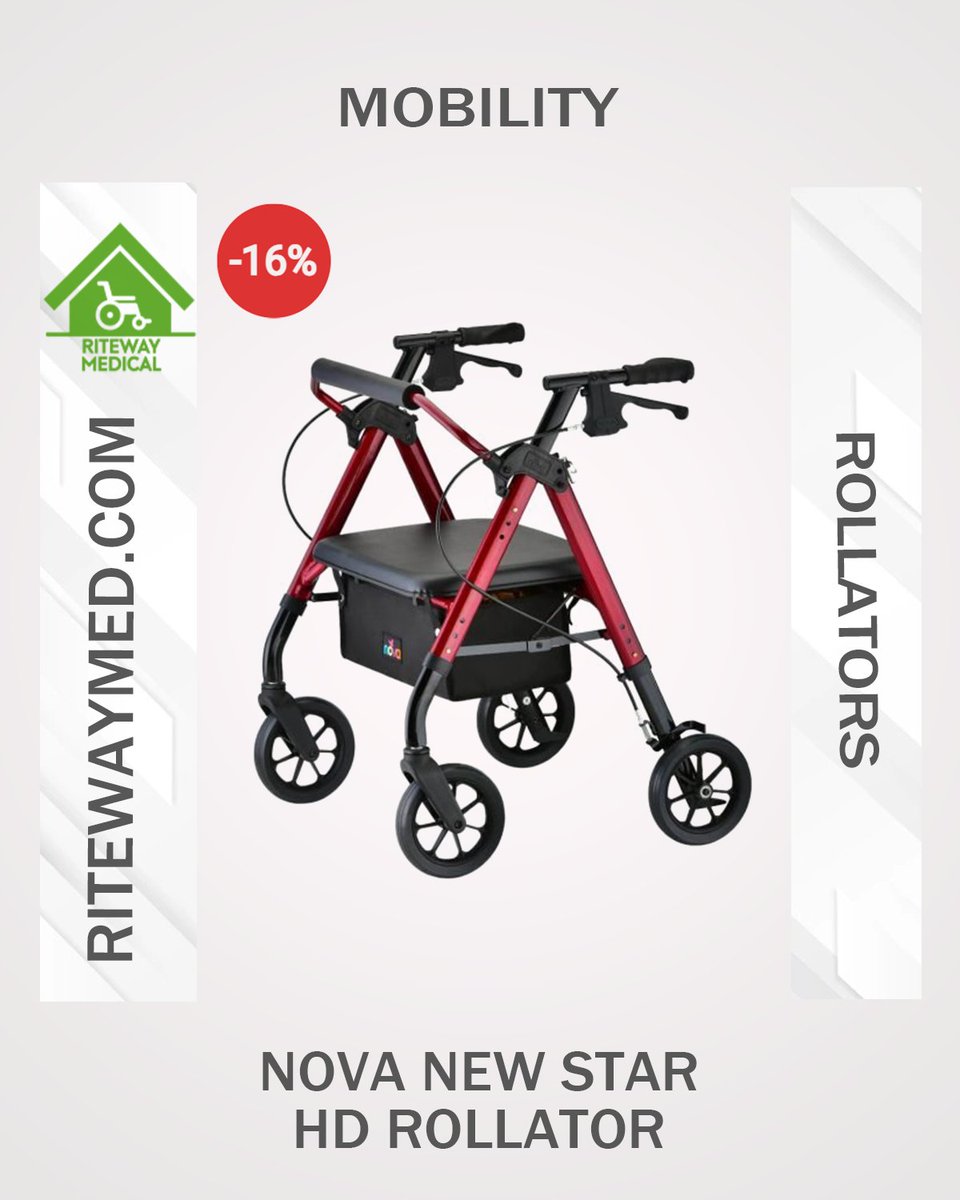 The Nova New Star HD #Rollator is a top-of-the-line #mobilityaid from NOVA Rollators. With its sturdy construction and comfortable seating, this rollator is perfect for users seeking stability and comfort. Get yours today and enjoy 16% off! Shop online: ritewaymed.com/product/nova-n…