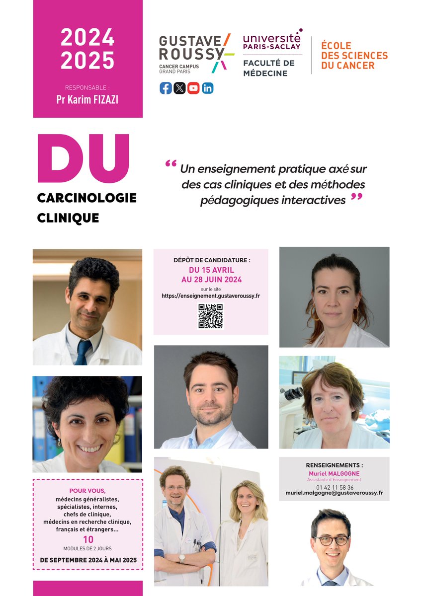 🎓 Les inscriptions au DU de Carcinologie clinique de <a href="/GustaveRoussy/">Gustave Roussy</a> et <a href="/MedecineUPSay/">Faculté de Médecine Paris-Saclay</a> sont ouvertes. Il s’adresse aux médecins ainsi qu’aux internes en médecine, amenés à participer à la prise en charge des patients atteints de #cancer

Inscription : tinyurl.com/2c9fhax6