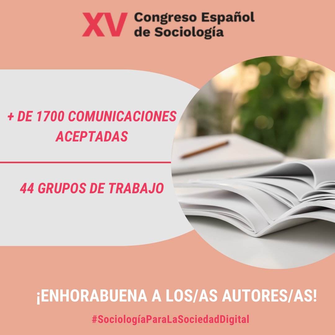 FES_Sociologia's tweet photo. ¡Felicidades a los/as autores/as!

Tras evaluar las comunicaciones para participar en algunos de los 44 grupos de trabajo del Congreso, estamos contentos de anunciar que hemos aceptado más de 1700 trabajos, y ¡aún seguimos revisando las comunicaciones recibidas en el Grupo de Estudiantes!

¡Gracias a todos/as por participar! Para más info 👉 https://t.co/K3YF7TuYpF

#Congreso2024 #GruposdeTrabajo #SociologíaParaLaSociedadDigital