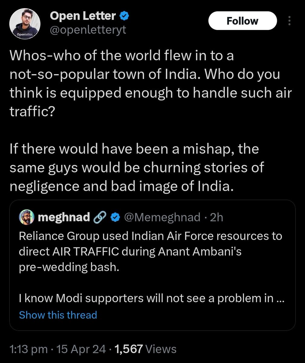 Ambani defenders have arrived. My tweet was in favor of the IAF, calling out their misuse for a pre-wedding event. And this one is batting for Ambani's right to hold extravagant weddings. 😂 Such responses just show you the real face of these pseudo country loving bhaktards.