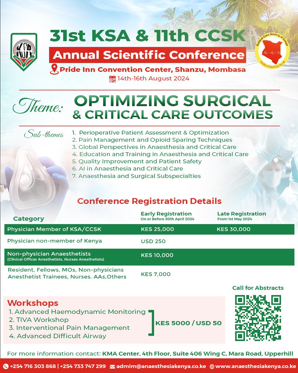 KSA_AnaesthesiaKenya (@anaesthesia_ke) on Twitter photo Join us at the 31st KSA&11th CCSK Annual Scientific Conference! Abstracts submissions closing soon on 14/06/2024. Don't miss out the opportunity to showcase your research and expertise! conference.anaesthesiakenya.co.ke/abstract/
<a href="/wfsaorg/">WFSA</a> <a href="/SafeKrna/">SafeAnesthesia4All</a> <a href="/anesthesianews/">Anesthesiology News</a>
#anaesthesia_KE Join us at the 31st KSA&11th CCSK Annual Scientific Conference! Abstracts submissions closing soon on 14/06/2024. Don't miss out the opportunity to showcase your research and expertise! conference.anaesthesiakenya.co.ke/abstract/
<a href="/wfsaorg/">WFSA</a> <a href="/SafeKrna/">SafeAnesthesia4All</a> <a href="/anesthesianews/">Anesthesiology News</a>
#anaesthesia_KE