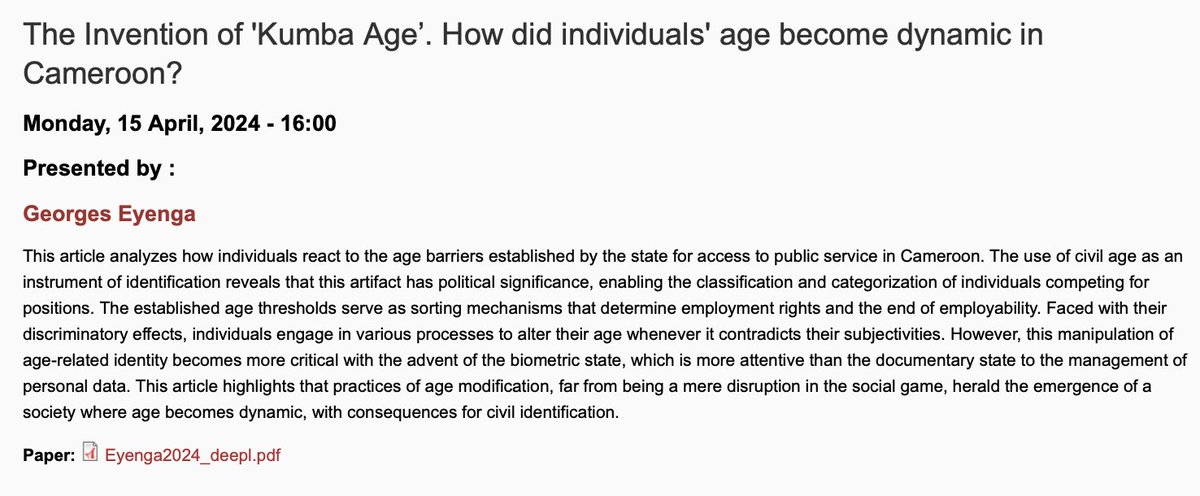 The Invention of 'Kumba Age’. How did individuals' age become dynamic in Cameroon? 🗓️ Monday, 15 April 🕓 16:00 Presented by : Georges Eyenga Paper available online: wiser.wits.ac.za