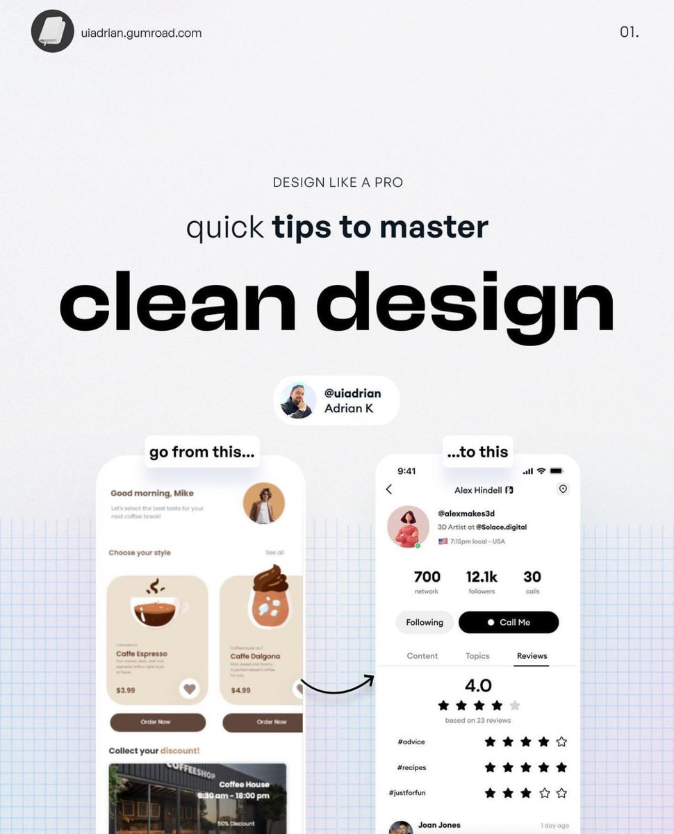 Nelsonyolemi1's tweet image. UI/UX Designer, It’s a new week! Today, we&apos;ll cover a few simple rules to help you master clean and minimal design. 

Credit: @uiuxadrian 

Retweet &amp;amp; Save For Later ❤️