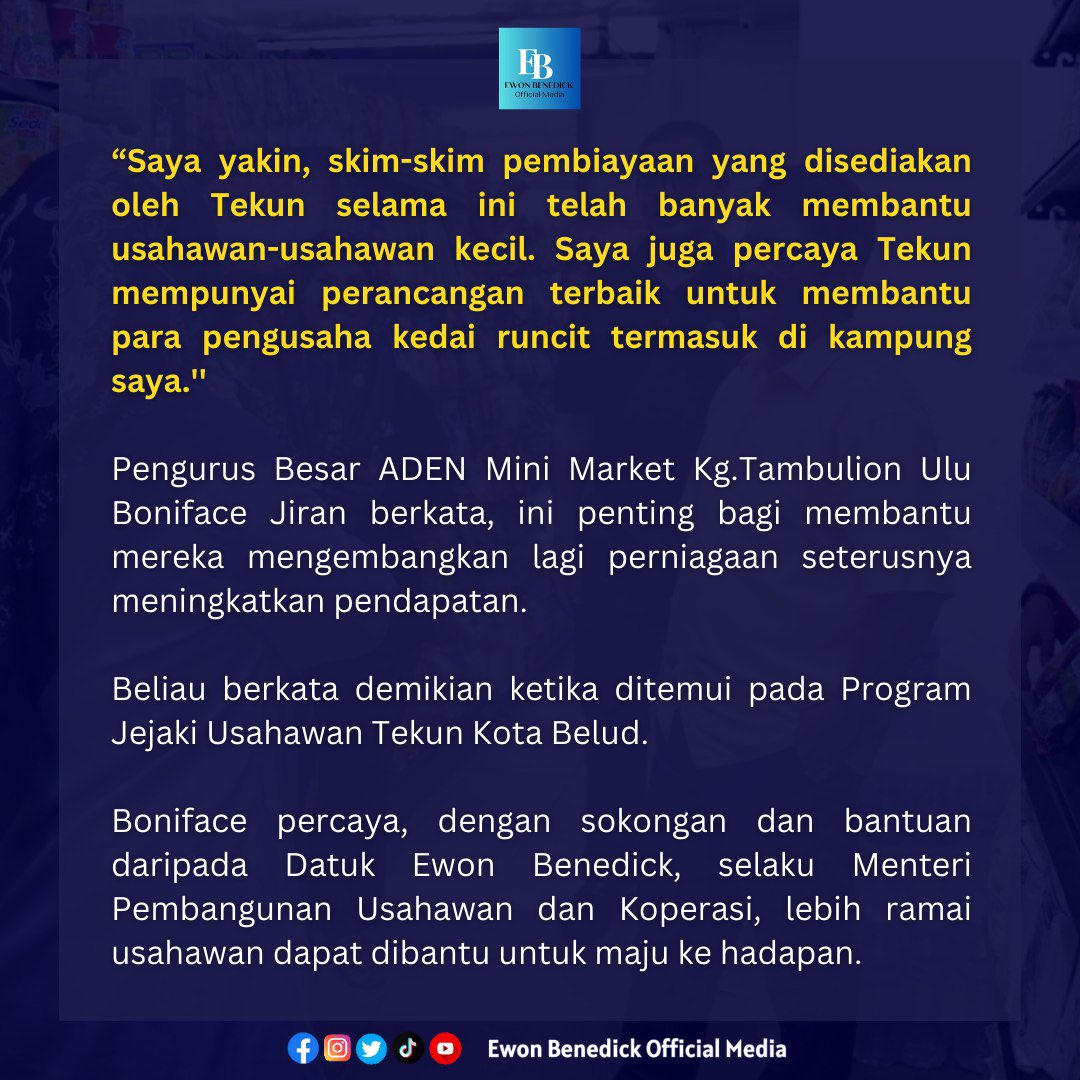 Usahawan TEKUN mahu lebih banyak pembiayaan disalurkan kepada usahawan kecil luar bandar KOTA BELUD: Usahawan-usahawan Tekun Nasional Kota Belud mahu lebih banyak pembiayaan disalurkan kepada usahawan-usahawan kecil terutamanya di kawasan luar bandar. Pengurus Besar ADEN Mini…