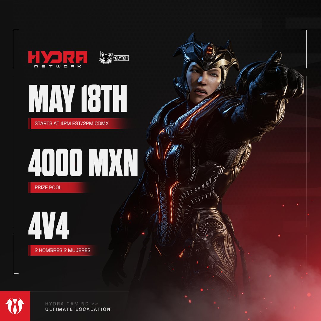 HydraNetworkNA's tweet photo. Get your rosters and gnashers ready for Ultimate Escalation! Champions take the prize and all the glory 😈

Register your team here: https://t.co/BDbF6m4kbZ
👑 2 hombres, 2 mujeres
💵 4000 MXN
📅 May 18th; 2:00pm CDMX/4:00pm EST https://t.co/1zxb4Zn7HK