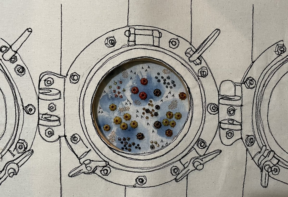More Discovery porthole shenanigans. I  sewed this yesterday using freehand #MachineEmbroidery and cut out the hole this morning. Just to see if it works I popped the small #embroidery I made last week behind it and I’m pleased with the effect.
