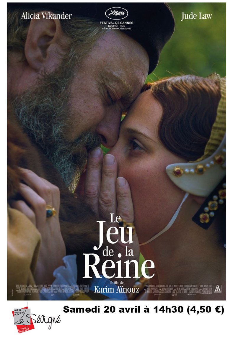 Samedi 20 avril à 14h30 (4,50 €) au Cinéma Le Sévigné : 
LE JEU DE LA REINE – VO
De Karim Aïnouz
Avec Alicia Vikander, Jude Law, Simon Russell Beale
#lesevigne #Cinema #film #judelaw #aliciavikander
#lejeudelareine #karimalnouz