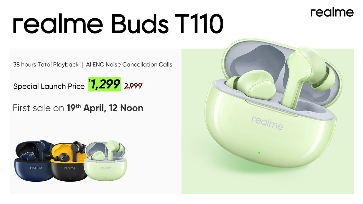 Realme Buds T110
Price : 💰 1299₹ (Special Launch Price)
#realme #realmeBudsT110