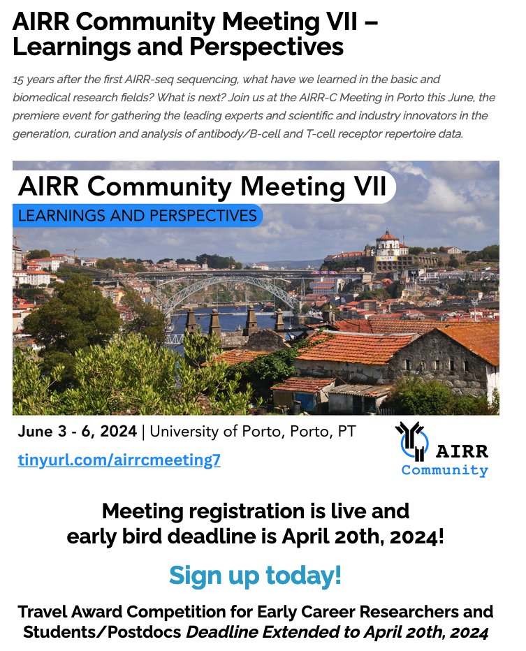 The AIRR-C Community is pleased to announce that registration is live for the upcoming AIRR-C Meeting VII! @airr_community REGISTER NOW - whova.com/portal/registr… See more about the event here: antibodysociety.org/airr-community…