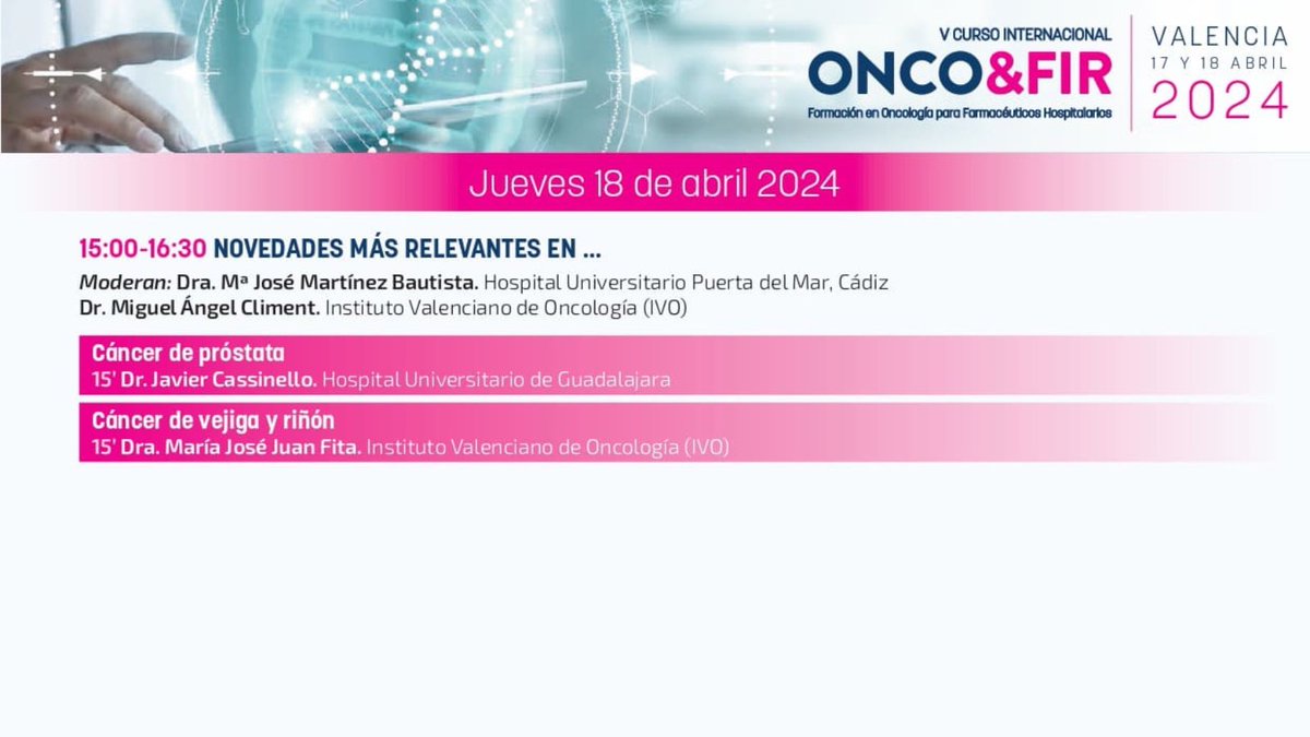 📢 ATENCIÓN: 

💢 FALTAN SÓLO 2 DÍAS PARA DAR INICIO AL V CURSO INTERNACIONAL ONCO&FIR‼️

🧐 Conoce las novedades más relevantes en:

#CáncerDePróstata con el 👨‍⚕️Dr. Javier Cassinello @jacaes1jacaes1 del Hospital Universitario de Guadalajara

👉🏻 Este Jueves 18 de Abril 📍 Valencia