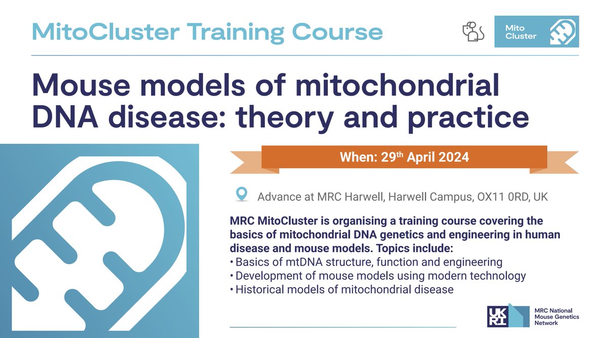 Registration still open for our free course on 'Models of Mitochondrial DNA Disease' coming up on 29th April! Sign up here: forms.gle/xAywfeXJ3rNFZa… Ft talks by @RobPitceathly @JMitophile @CarloViscomi @mito_gene @MRCHarwell @MRCMouseNetwork