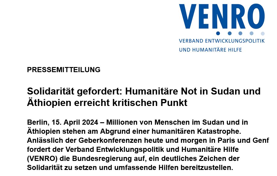 venro_eV's tweet photo. „Es geht um Menschenleben und jedes einzelne zählt.“
Eine Frage der Menschlichkeit und politischen Weitsicht: In unserer Pressemitteilung fordern wir die Bundesregierung auf, bei den Geberkonferenzen umfassende Hilfen bereitzustellen. #Sudan #Äthiopien
https://t.co/TIyYSp9wih https://t.co/JpArW5Ol7j