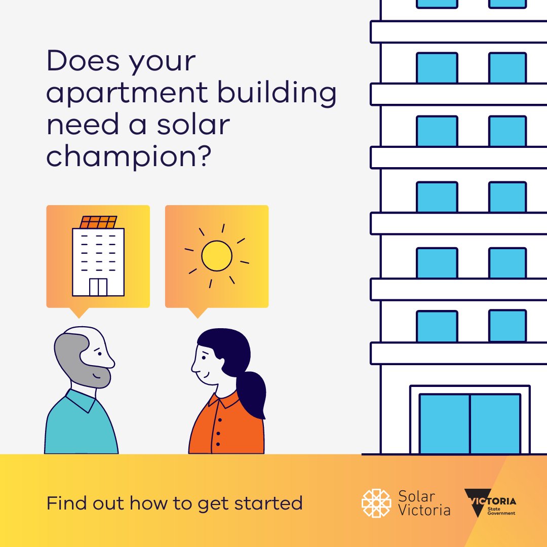 🏘️ Living in an apartment and interested in benefiting from solar? Hear from solar champions on how they worked with their Owners Corporation to install solar and save on their energy bills. Read their stories: solar.vic.gov.au/solar-champion 🗓️ Applications are open until 31 May.