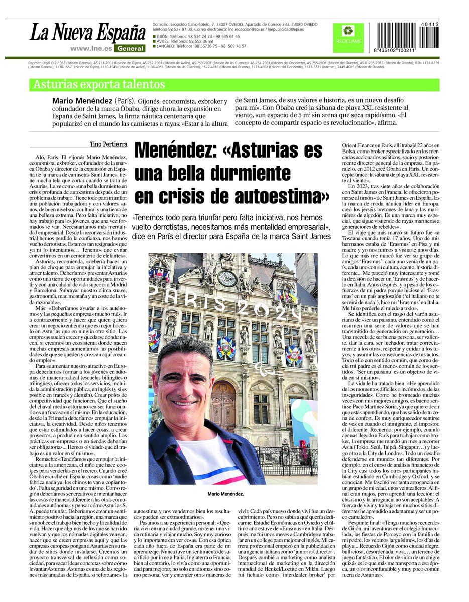 OBABAPARIS's tweet photo. Mario de OBABA en La Nueva España, hablando de OBABA, de Asturias, de creación de empresas... Gracias a @lanuevaespana  #obaba #asturias #gijon https://t.co/4A74TfuJ39