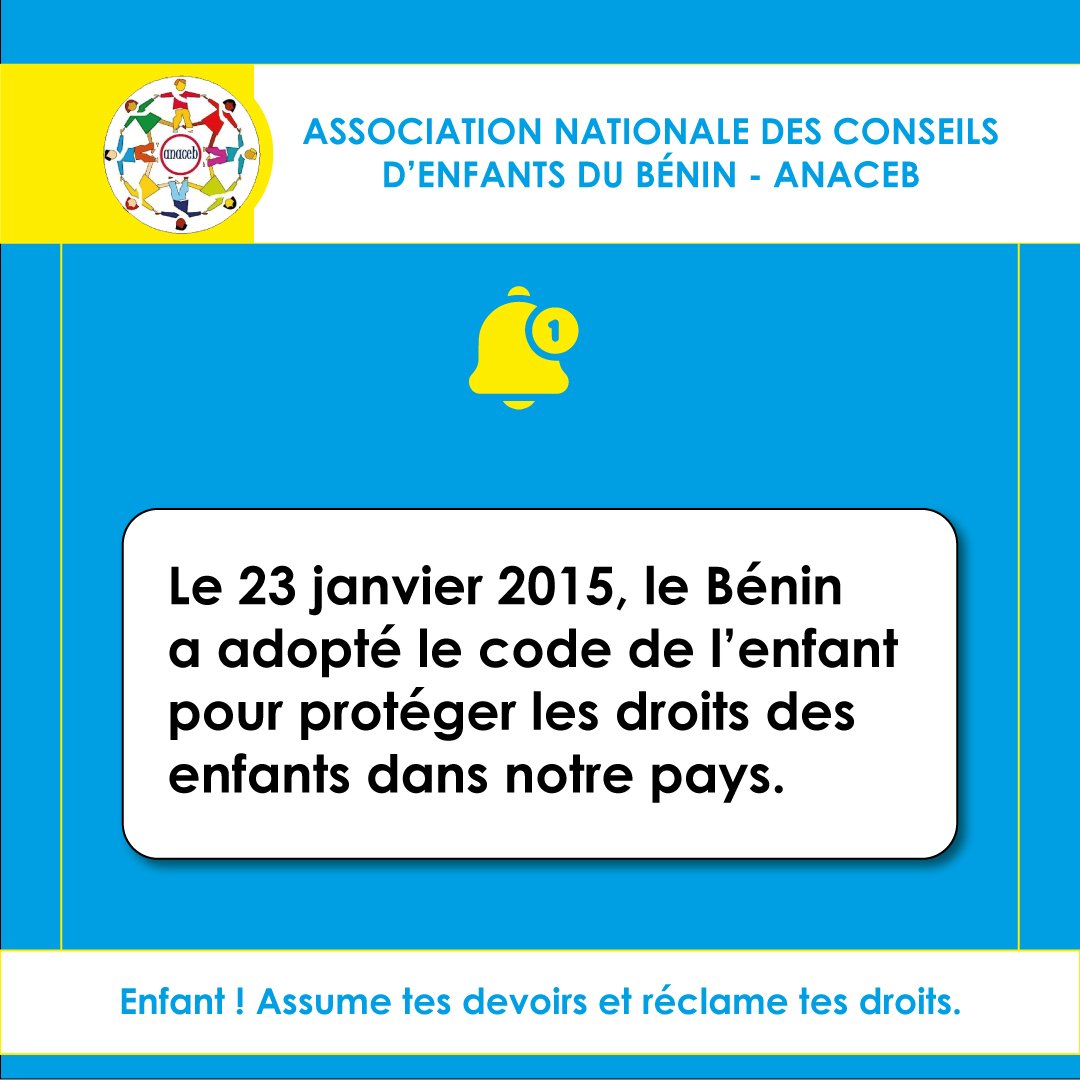 anacebenin's tweet photo. Le code de l’enfant, adopté par le Bénin le 23 janvier 2015, est un ensemble de lois conçu pour protéger les droits des enfants dans notre pays. Il garantit à chaque enfant béninois, la protection et le respect de tous ses droits.
                     
#Mondaysmile https://t.co/4mjNEkEXVf