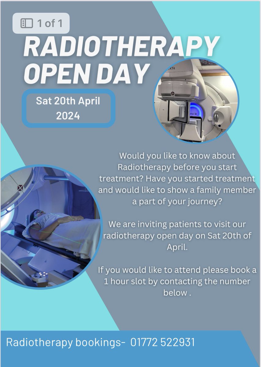 Our next radiotherapy open day is on the 20th April. If you have been referred for radiotherapy or considering radiotherapy as a treatment option please ring to book on for a visit.