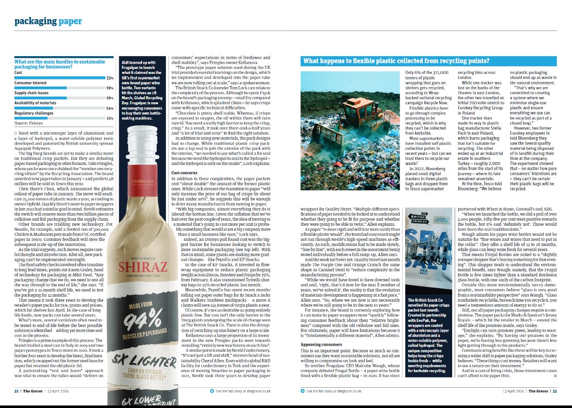 frugalpac's tweet photo. Thanks to @TheGrocer for featuring our Cambalala Frugal Bottle with @AldiUK on the latest innovations in packaging paper.
The bottle, made from 94% recycled paperboard, is five times lighter than a glass bottle with a carbon footprint up to six times lower.
#paperbottle #aldi https://t.co/1s0R7Pzmlg