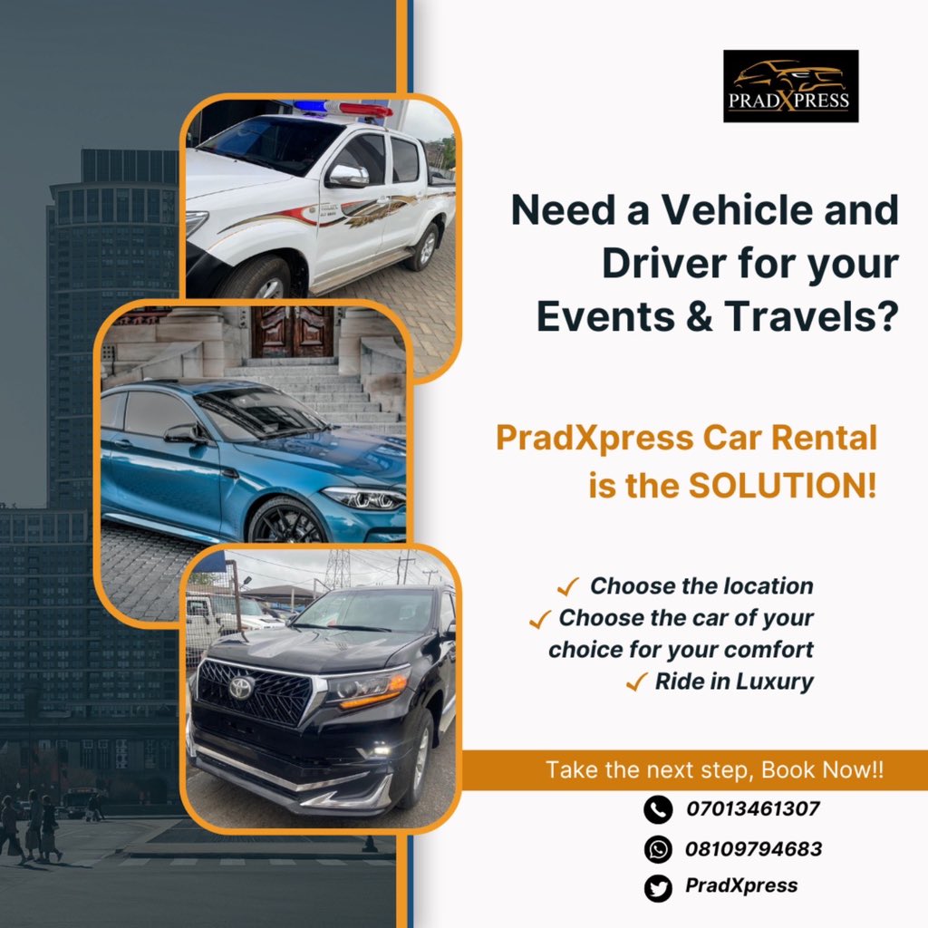 Are you in Akure, Ado or it’s environs and in need of cars or SUVs for rental for your events or travels to any part of the country at affordable price? Send DM wa.me/+2348109794683 or call 08109794683 to make bookings/enquiries #CarRentals