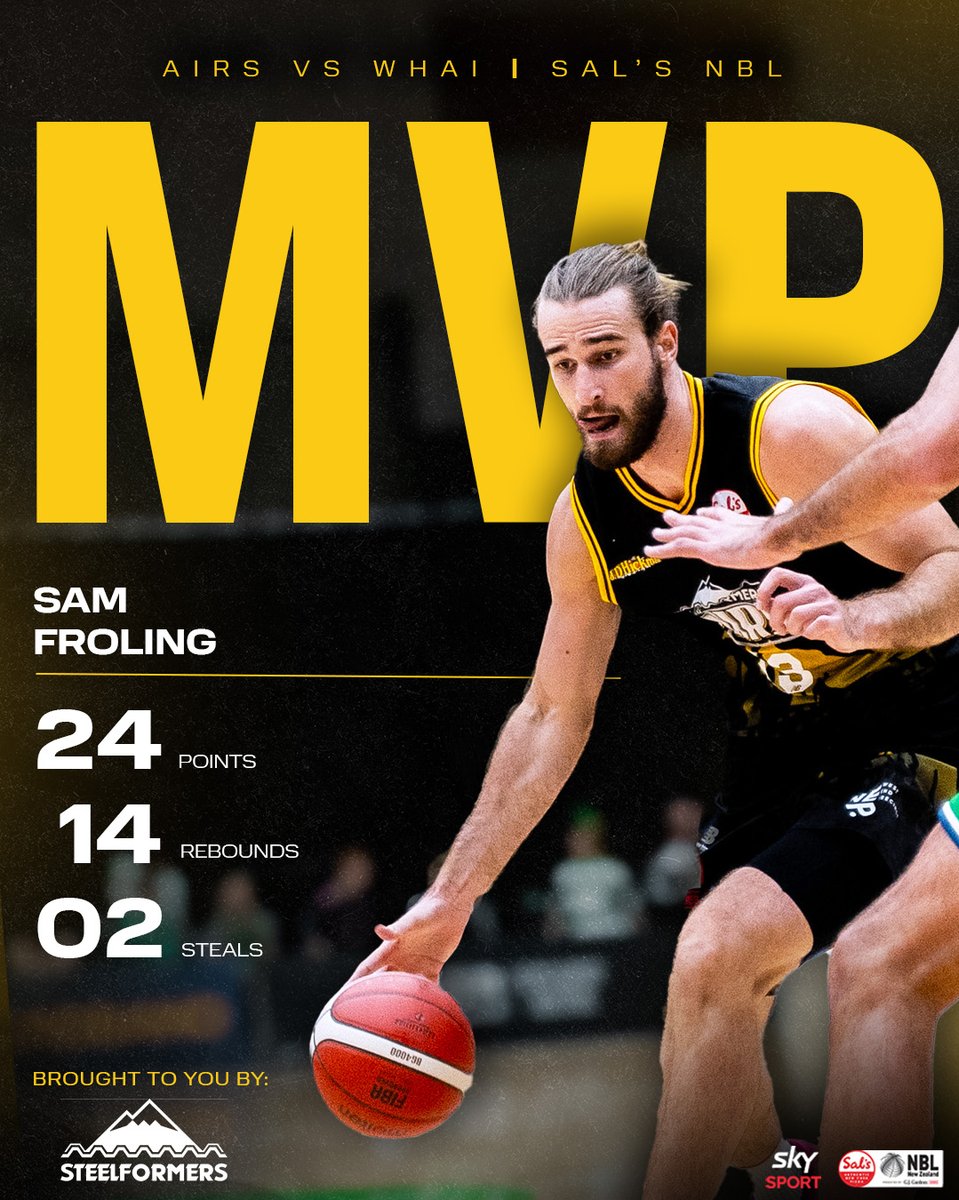Thanks to Steelformers, your Round 3 Sals NBL MVP is Sam Froling.

Capping off a impressive week for the big man, Sam was dominant in his first home game at TSB Stadium. 

Special mentions to @2carlin1 and @flynncam21.

@nznbl 
@skysportnz 

#TaranakiAirs #YourTeam #SalsNBL