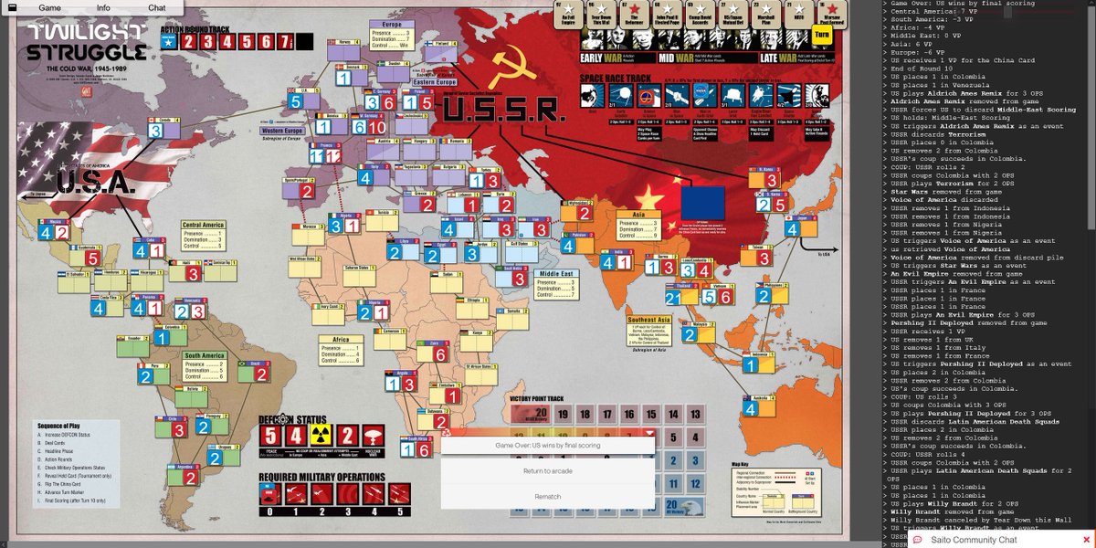 Twilight Struggle demonstrates the complexity possible through peer-to-peer applications. A multi-faceted game with unique rules doesn't prevent you from playing fairly, trustlessly, and for negligible network costs, p2p, on the Saito game engine. See how deep the new internet