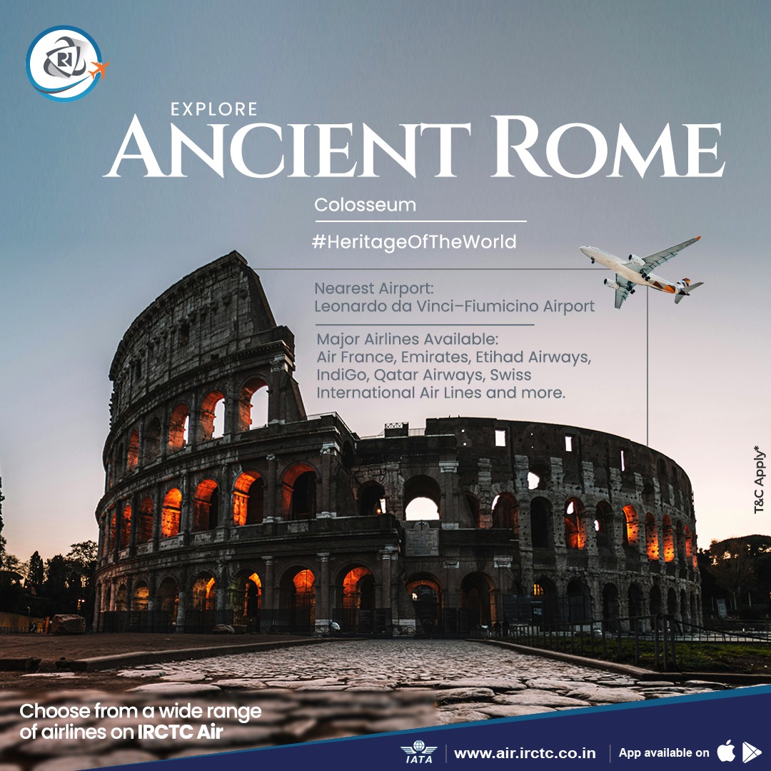 Learn about the history of the Roman Empire by visiting ancient monuments like the Colosseum in Rome. 

Choose from a wide range of airlines on air.irctc.co.in or the #IRCTC #Air app. 

#HeritageOfTheWorld #Rome #UNESCO #WorldHeritageDay #FlightBooking #AirTickets…