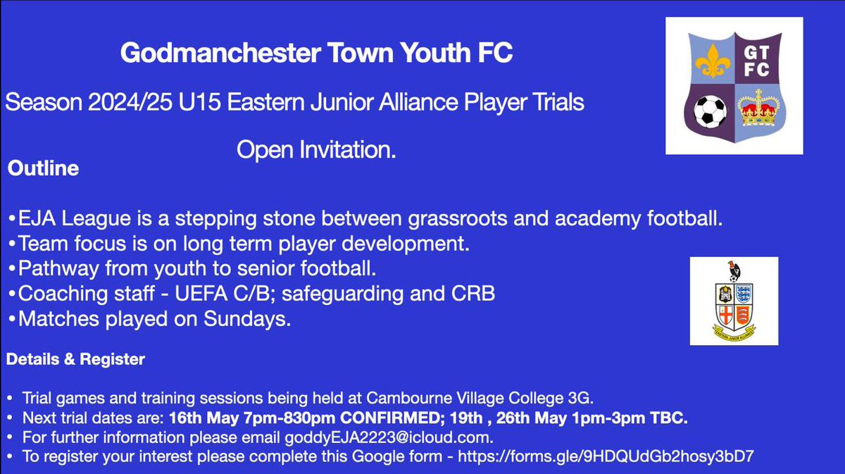 Next Season U15 EJA Open Trials 
Fancy a new challenge on a Sunday 👊 or maybe a change of team ⚽️ contact us and come along !
<a href="/EJALeague/">EasternJnrAlliance</a> @jpluk <a href="/CambsFA/">Cambridgeshire FA</a> <a href="/HuntsFA/">Huntingdonshire FA</a> <a href="/GoddyRoversFc/">Godmanchester Rovers</a>