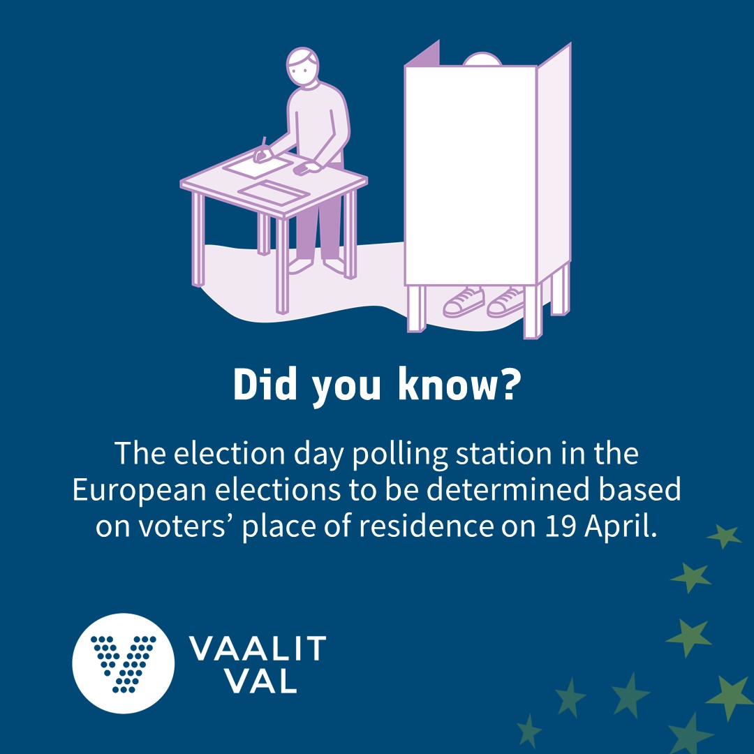 The voting register for the European elections will be compiled based on the information contained in the Population Information System on 19 April 2024. Read more: vaalit.fi/en/-//1410853/…