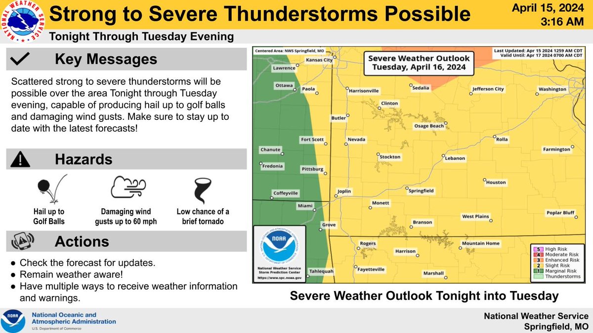 Scattered strong to severe thunderstorms will be possible over the area tonight into Tuesday evening. Stay tuned for additional updates and remain weather aware! #mowx #kswx #ozarkswx