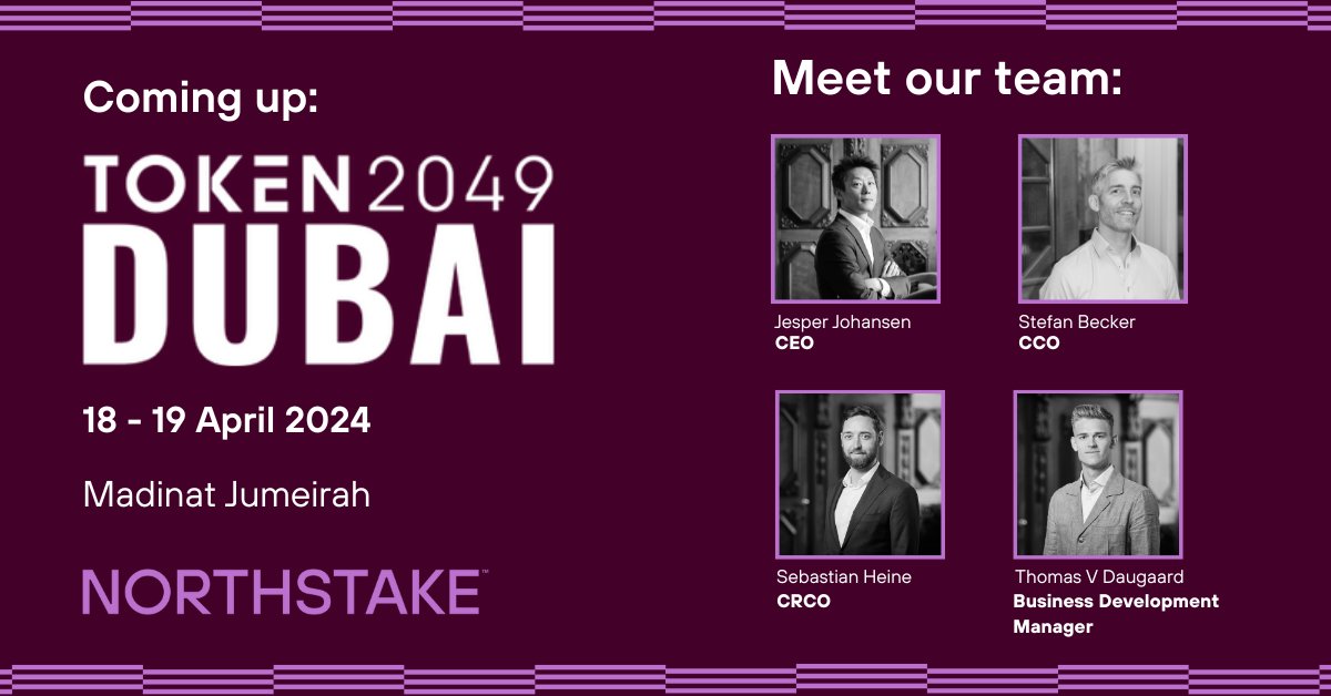Here's who from the Northstake team will be attending #token2049 in Dubai this week 👀 🗓 : @s3bastian_w3 and @stefan_becker are already there and will remain until Saturday, 20th, and Sunday, 21st, respectively. @jesperjohansen will join from Thursday, 18th to Sunday, 21st.