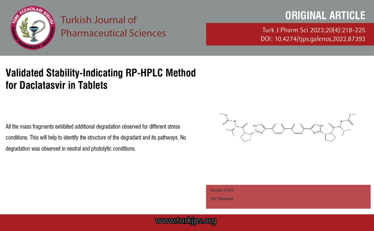 TurkJPharmSci's tweet image. Validated Stability-Indicating RP-HPLC Method for Daclatasvir in Tablets
You can see the free full text of the report by Hemlata M. NIMJE et al
Link : cms.turkjps.org/Uploads/Articl…
#Daclatasvir #RPHPLC #tablets #validation #stability #indicating #method