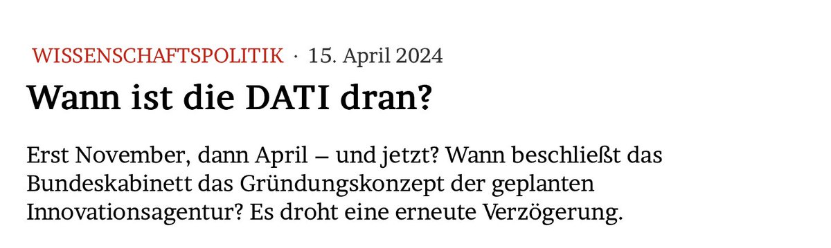 Wann ist die #DATI dran? Erst November, dann April – und jetzt? Wann beschließt das Bundeskabinett das Gründungskonzept der geplanten Innovationsagentur? Es droht eine erneute Verzögerung. Im Blog: jmwiarda.de/2024/04/15/wan…