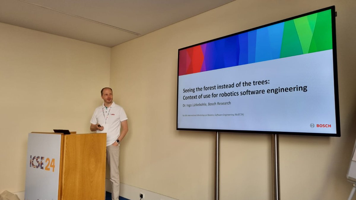 IMalavolta's tweet photo. RoSE 2024 is starting right now with a keynote by @ingoluetkebohle titled "Seeing the forest instead of the trees: Assessing context of use for robotics software engineering methods and tools" 🙌🙌🙌 #rose24 #robotics #SoftwareEngineering @ICSEconf https://t.co/2QhVooxcee