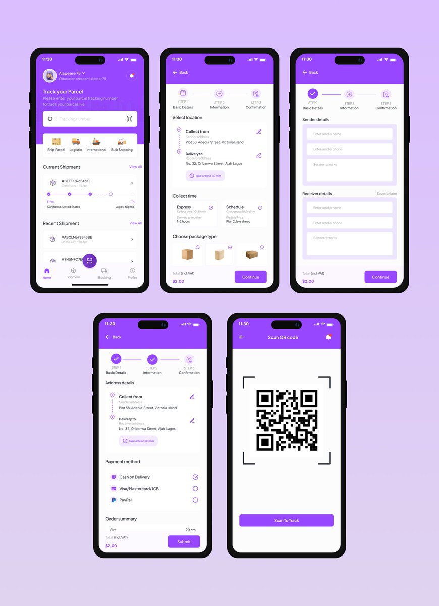 Check out the 5 screens UI mobile concept I designed for a Courier & Tracking Delivery App.

Have a productive week ahead, everyone 💜

#uiuxdesign #uidesign #mobiledesign #uidesigner