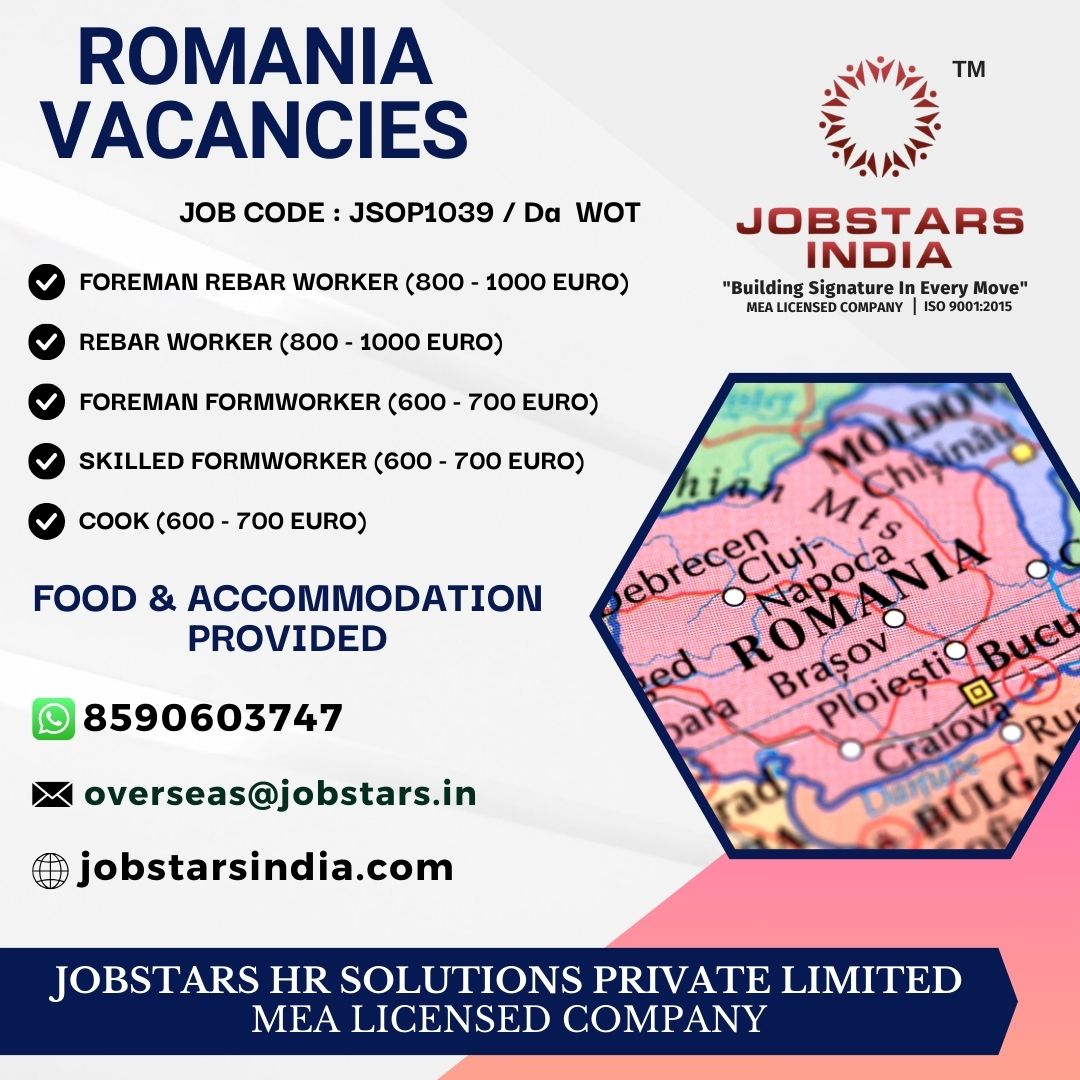 #overseasjobs #overseas #abroad #abroadjobs #jobs #jobstars #jobstarsindia #jobstarshrsolutionspvtltd #jobseekers #romanian #romania #romaniajos #europe #europeanvacancies #europeanjobs #europeworkpermit
APPLY NOW VIA WHATS APP +918590603747 OR MAIL CV TO OVERSEAS@JOBSTARS.IN