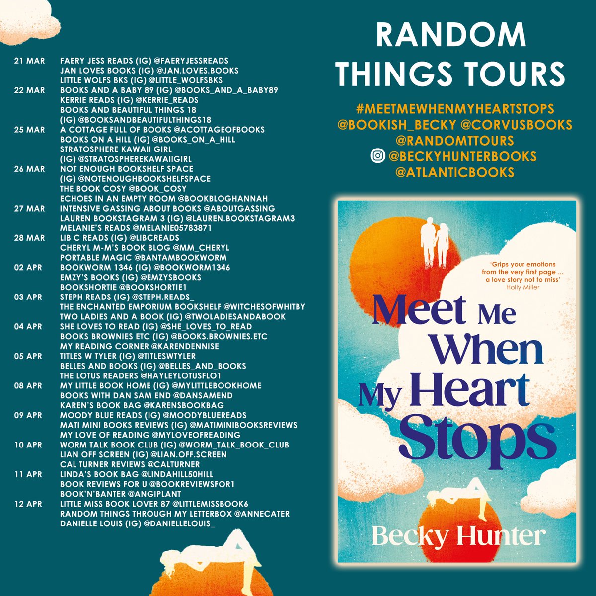 HUGEST THANKS #RandomThingsTours Bloggers for supporting #MeetMeWhenMyHeartStops @Bookish_Becky @CorvusBooks 

Please share reviews on Amazon/Goodreads 

@Bookshortie1 
@WitchesOfWhitby 
@karendennise 
@hayleylotusflo1 
@mylilbookhome 
@DanSamEnd 
@Karensbookbag