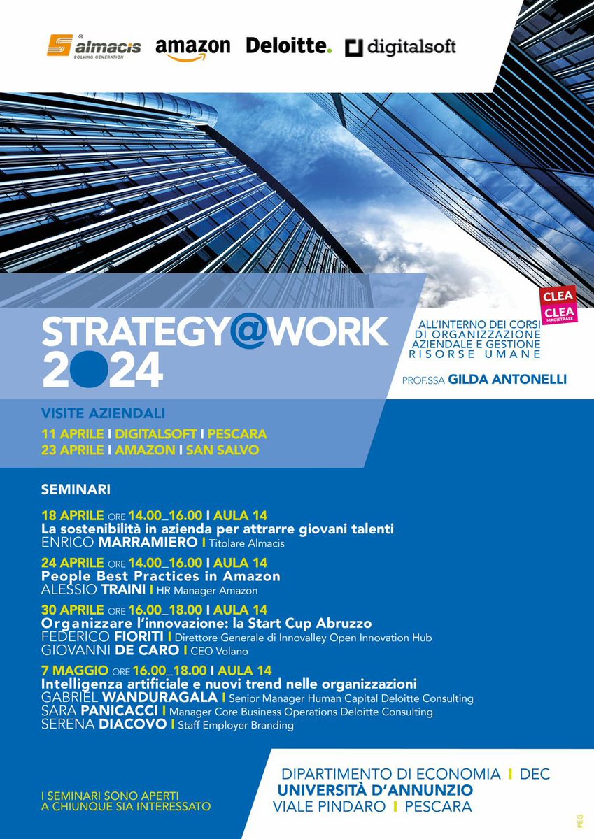 Strategy@Work – Seminari e visite Aziendali proposti dal Dipartimento di Economia Ciclo di seminari e visite aziendali organizzato dal Dipartimento di Economia, aperto a studenti, professionisti e cittadini. unich.it/news/strategyw…