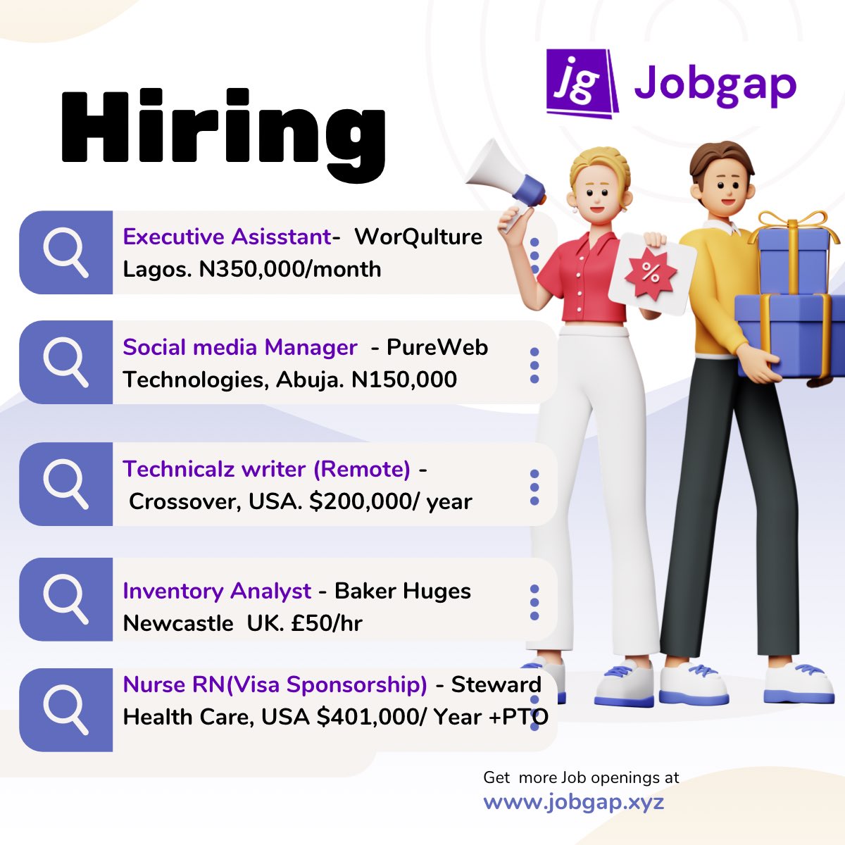 Top Hiring Today‼️‼️‼️

Visit Jobgap.xyz to apply for all job openings in any location. 

#HIRINGNOW #hiringalert #jobgap #Jobseekers
