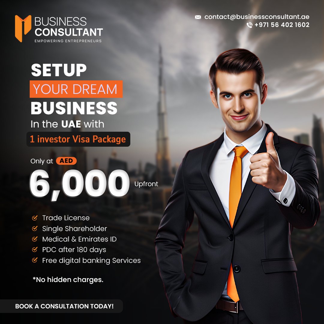 Enjoy the perks of thriving in an evolving economy with our 1 investor visa package
.
Get your professional trade license with us
Only at AED 6000 Upfront

Book a consultation session with our experts:
📞 +971 56 402 1602
📧 contact@businessconsultant.ae
