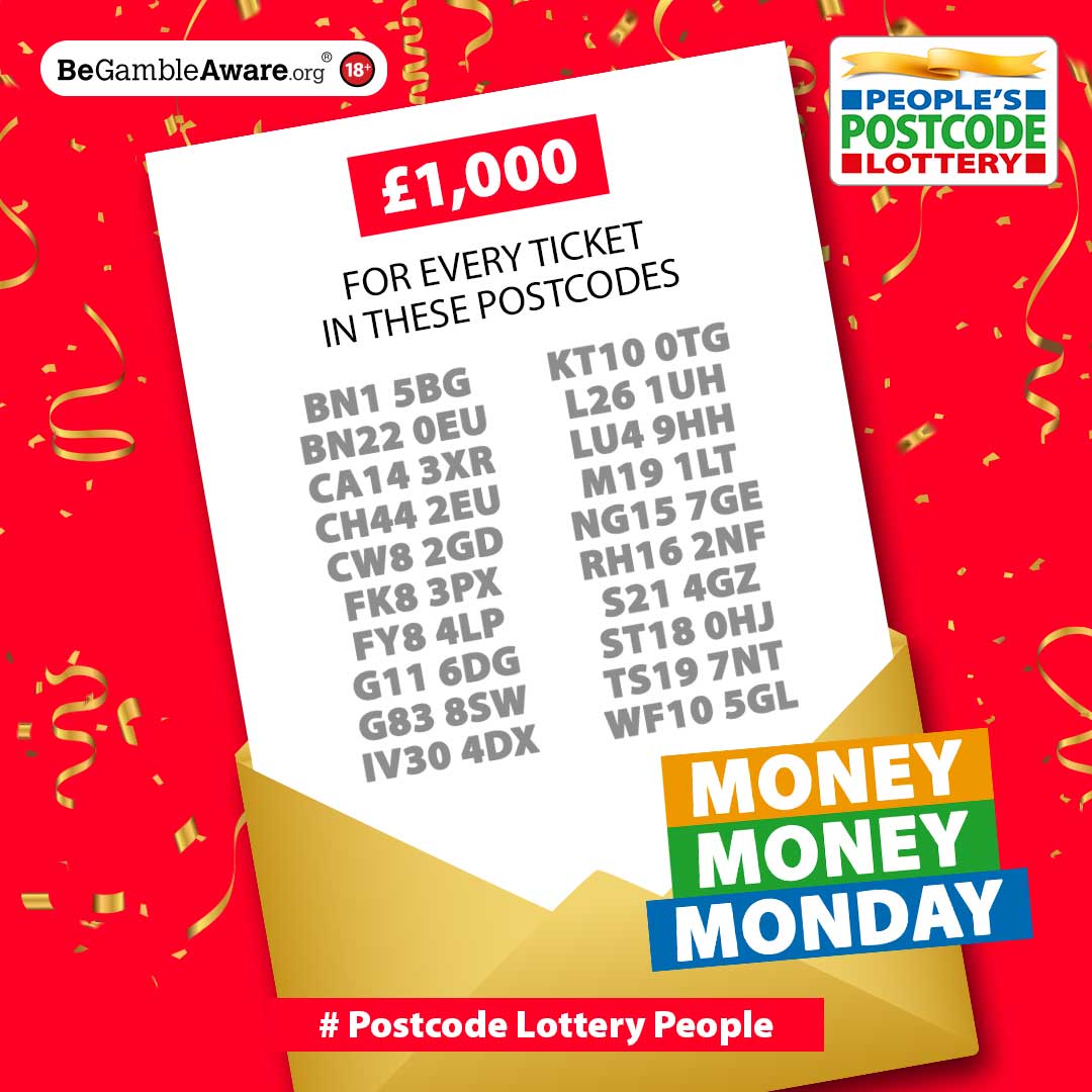 It’s Money Money Monday, #PostcodeLotteryPeople!

Congratulations to all of today's lucky £1000 #DailyPrize winners in these TWENTY postcodes 🎉 What a fabulous way to start the week! 

Tune in tomorrow to see who wins next, good luck!  👀🤞

postcodelottery.co.uk/lottery-result…