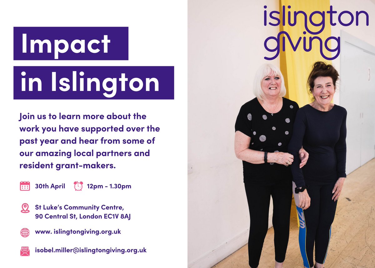 🎉 Join us for the launch of our latest Impact Report! 🎉 🗓️ Tuesday 30 April ⏰ 12pm to 1:30pm (BST) 📍St Luke's Community Centre in Islington RSVP to reserve your spot today: ➡️ shorturl.at/cqAOP #Impact #Islington #IncredibleIslington #ImpactReport