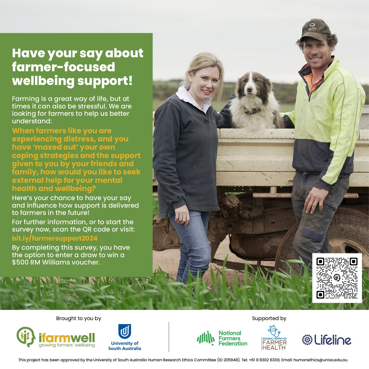 We want to hear from Aussie farmers to better understand how we can support YOU. 
Complete a 20-minute survey to win a $500 RM Williams voucher! 😍🥾
Scan the QR code or visit bit.ly/farmersupport2… to get started now! 🌟 
#ncfh #farmerwellbeing #supportforfarmers