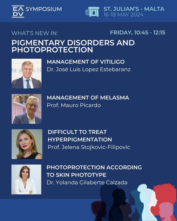 Come join us at the #EADVSymposium in Malta for the latest updates on pigmentary disorders, covering topics such as the management of #vitiligo and #melasma, addressing #hyperpigmentation, and discussing #photoprotection, and more.