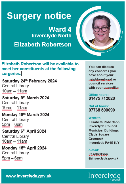 Councillor Elizabeth Robertson (Ward 4) will be available to meet constituents today. inverclyde.gov.uk/meetings/counc…